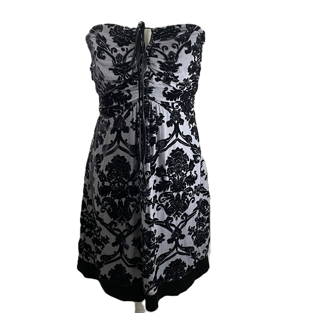 Hale Bob Black Velvet Strapless Dress Size S Damask Floral Party Cocktail